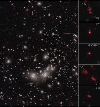The seven galaxies highlighted in this James Webb Space Telescope image have been confirmed to be at a distance that astronomers refer to as redshift 7.9, which correlates to 650 million years after the Big Bang. 