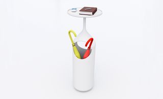 White umbrella stand and table