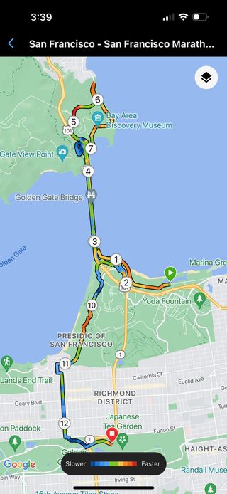 My GPS map for the San Francisco Bridge Half Marathon; I never hit the 13-mile mark.