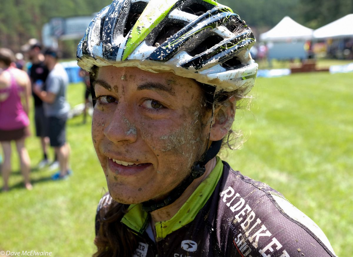 Crystal Anthony (Riverside Racing) was showing the effects of patchy mud on the course