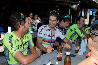 Peter Sagan relaxes with his Tinkoff teammates during the Tour's second rest day.