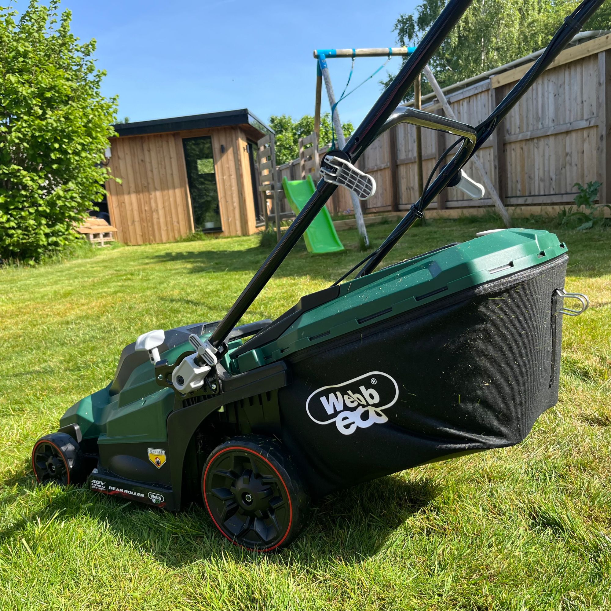 Webb 40V 38cm Rear Roller Lawnmower in garden