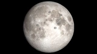 A still image from a NASA Scientific Visualization Studio video, where each Apollo-era landing site is marked on the lunar face. 
