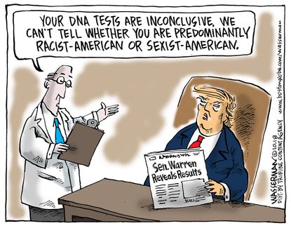 Political cartoon U.S. Trump DNA test racist sexist Elizabeth Warren