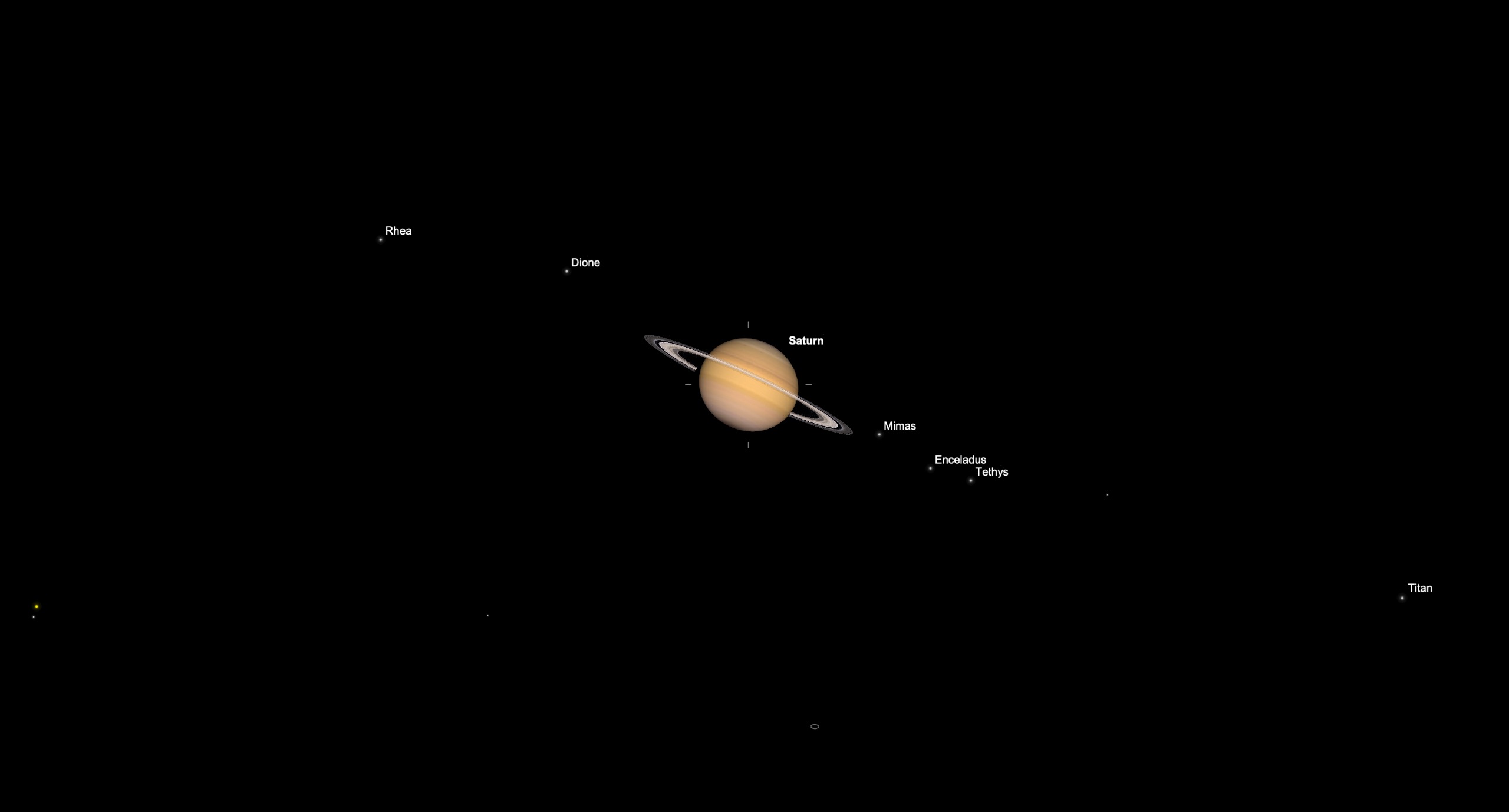 Telescopic simulation of Saturn and its rings surrounded by several labeled moons, including Titan, Rhea, Dione, Tethys, Enceladus and Mimas.