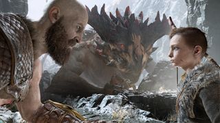 Kratos talks to his son Atreus while a dragon eavesdrops.