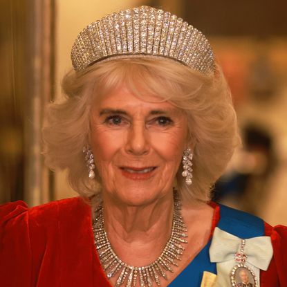 A headshot of Queen Camilla wearing a red velvet gown and diamond necklace with a huge diamond tiara