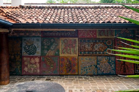 courtyard with fabric hanging Ena de Silva house by Geoffrey Bawa in Sri Lanka