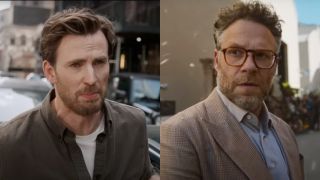 Side by side of Chris Evans in Materialists and Seth Rogen in The Studio.