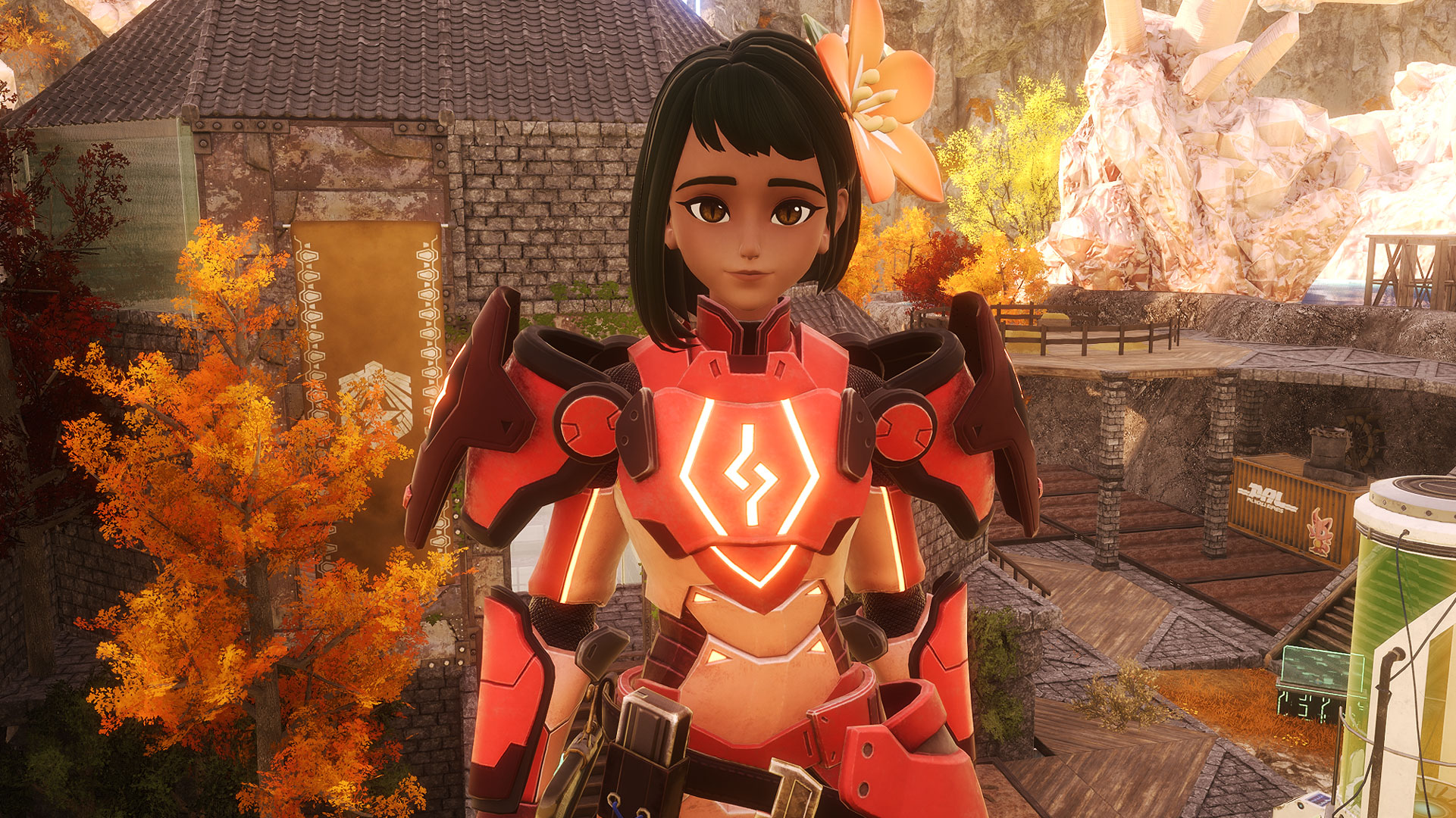 A Palworld trainer wearing endgame heat resistance gear standing in front of her base. 