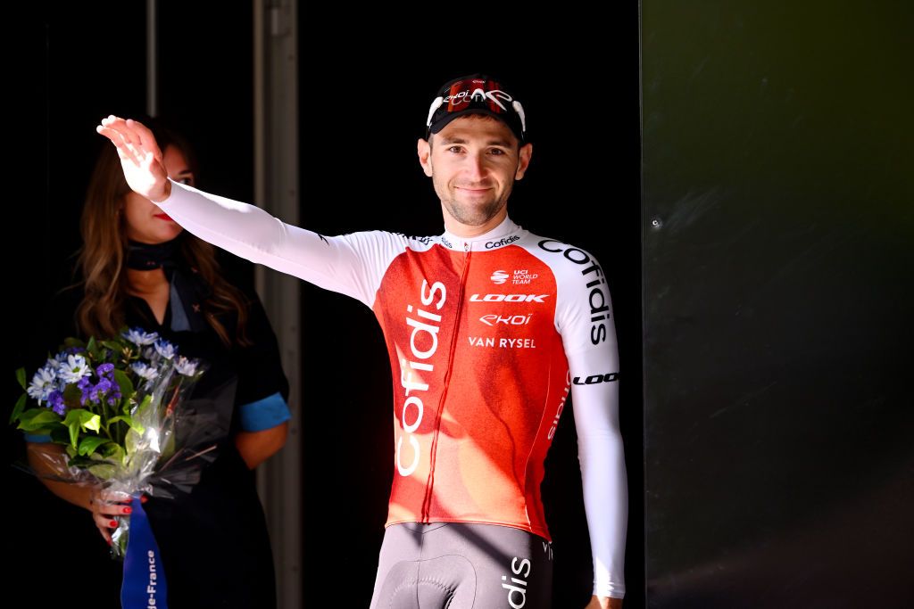 ST QUENTIN FRANCE MAY 18 Benjamin Thomas of France and Team Cofidis celebrates at podium as stage winner during the 67th 4 Jours de Dunkerque Grand Prix des Hauts de France 2023 Stage 3 a 159km Individual time trial in SaintQuentin on May 18 2023 in St Quentin France Photo by Luc ClaessenGetty Images