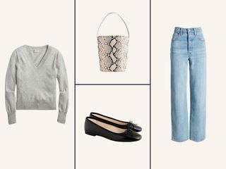 grey sweater, snakeskin bag, high waisted jeans, and black ballet flats