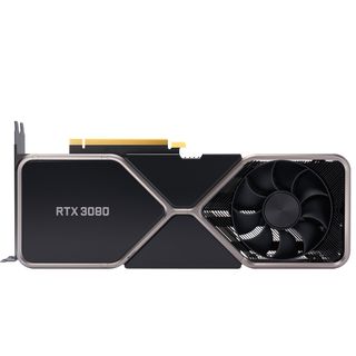 An Nvidia RTX 3080 graphics card against a while background