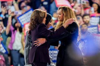 Beyonce and Kelly Rowland greet kamala harris onstage in houston texas