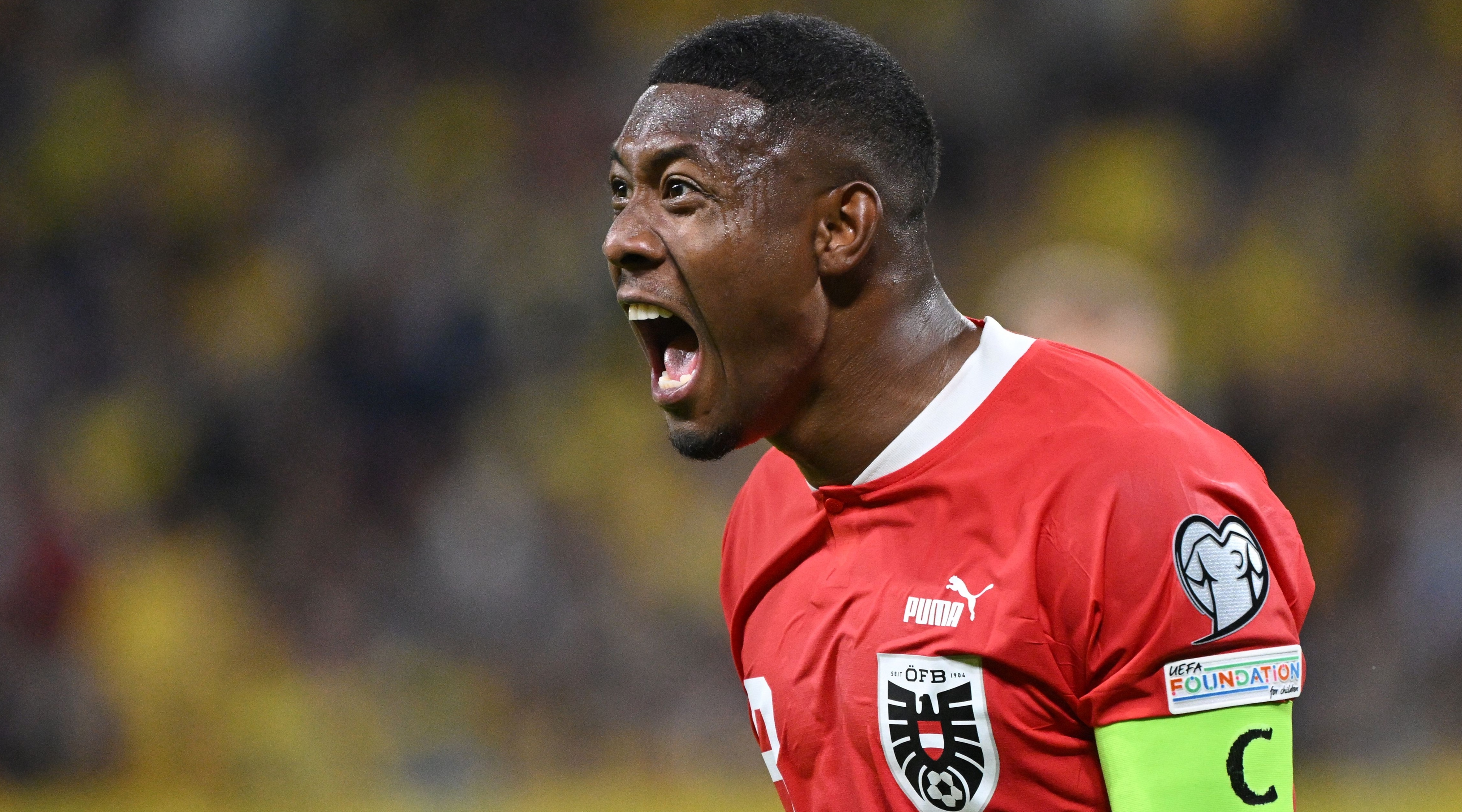 David Alaba of Austria reacts during the UEFA Euro 2024 Group F qualification football match between Sweden and Austria, at the Friends Arena in Solna, Sweden on September 12, 2023.