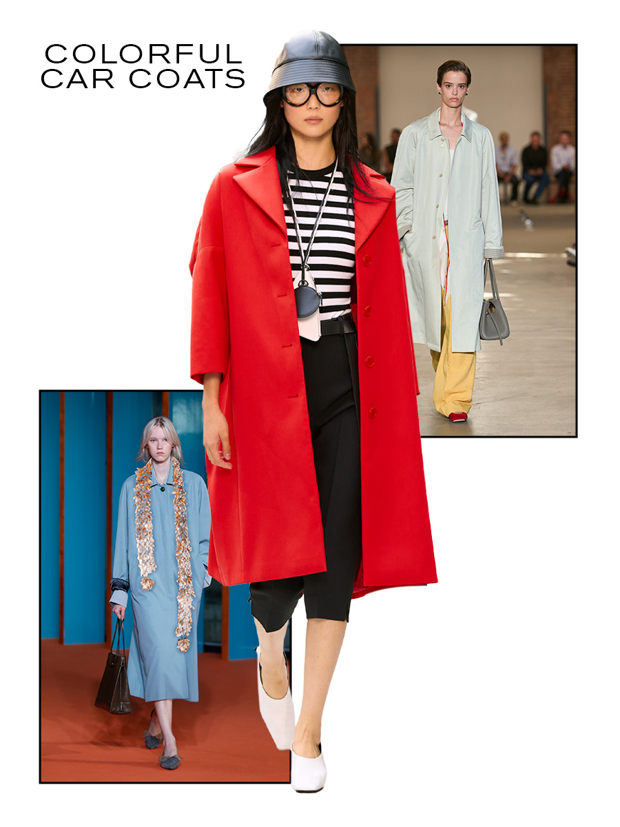 New York Fashion Week spring/summer 2027 runway models wearing colorful car coats.
