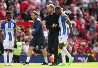 Brighton head coach Graham Potter with Danny Welbeck after the Premier League win at Manchester United.