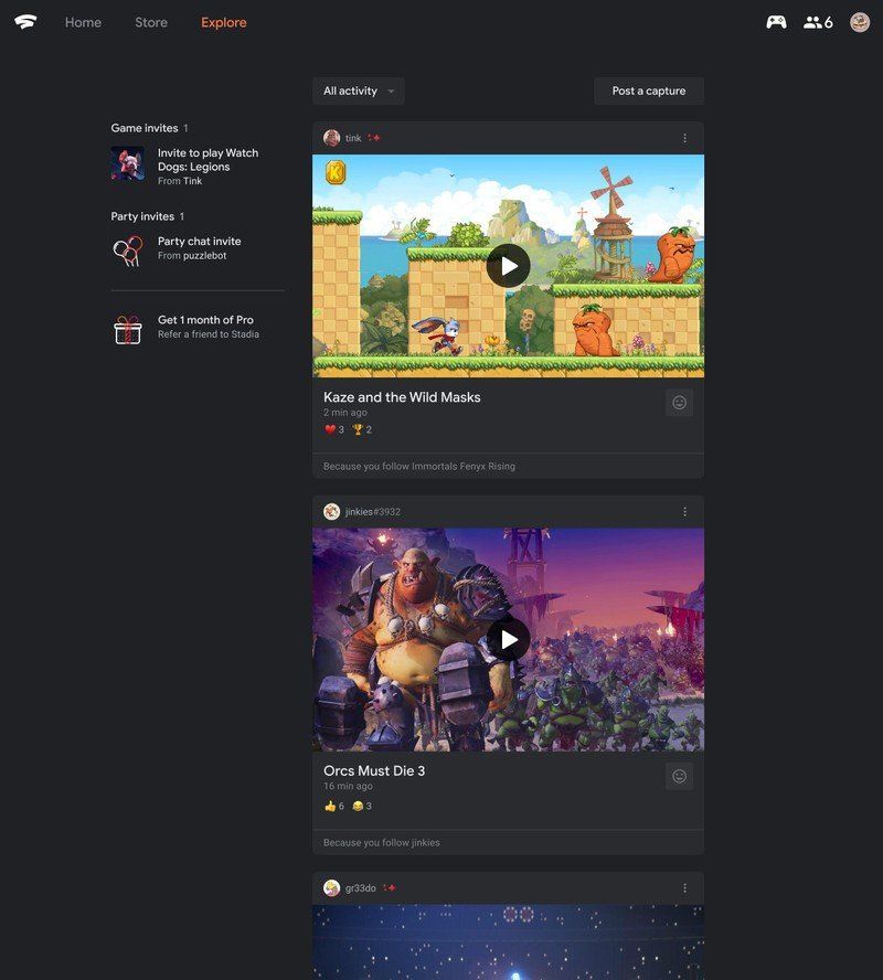 Google Stadia Social Activity Feed Web