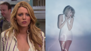 Blake Lively in Gossip Girl and Taylor Swift in her music video for "Style."