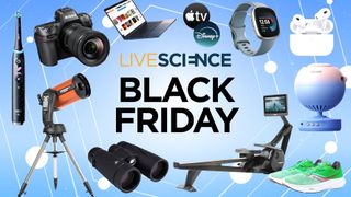 A selection of skywatching and fitness products on a blue background with the live science black friday logo in the middle