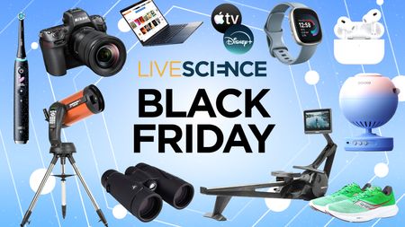 A selection of skywatching and fitness products on a blue background with the live science black friday logo in the middle