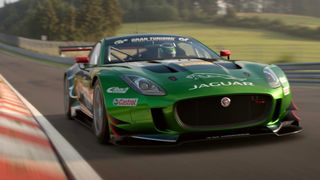 A Jaguar racing around a track in Gran Turismo 7