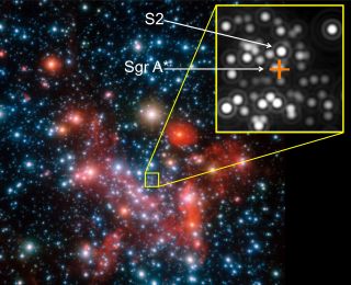 The position of the supermassive black hole at the center of our Milky Way galaxy, as well as the giant star S2, are shown (inset) in this near-infrared image from the European Southern Observatory's Very Large Telescope in Chile.The black hole's position is marked with an orange cross.