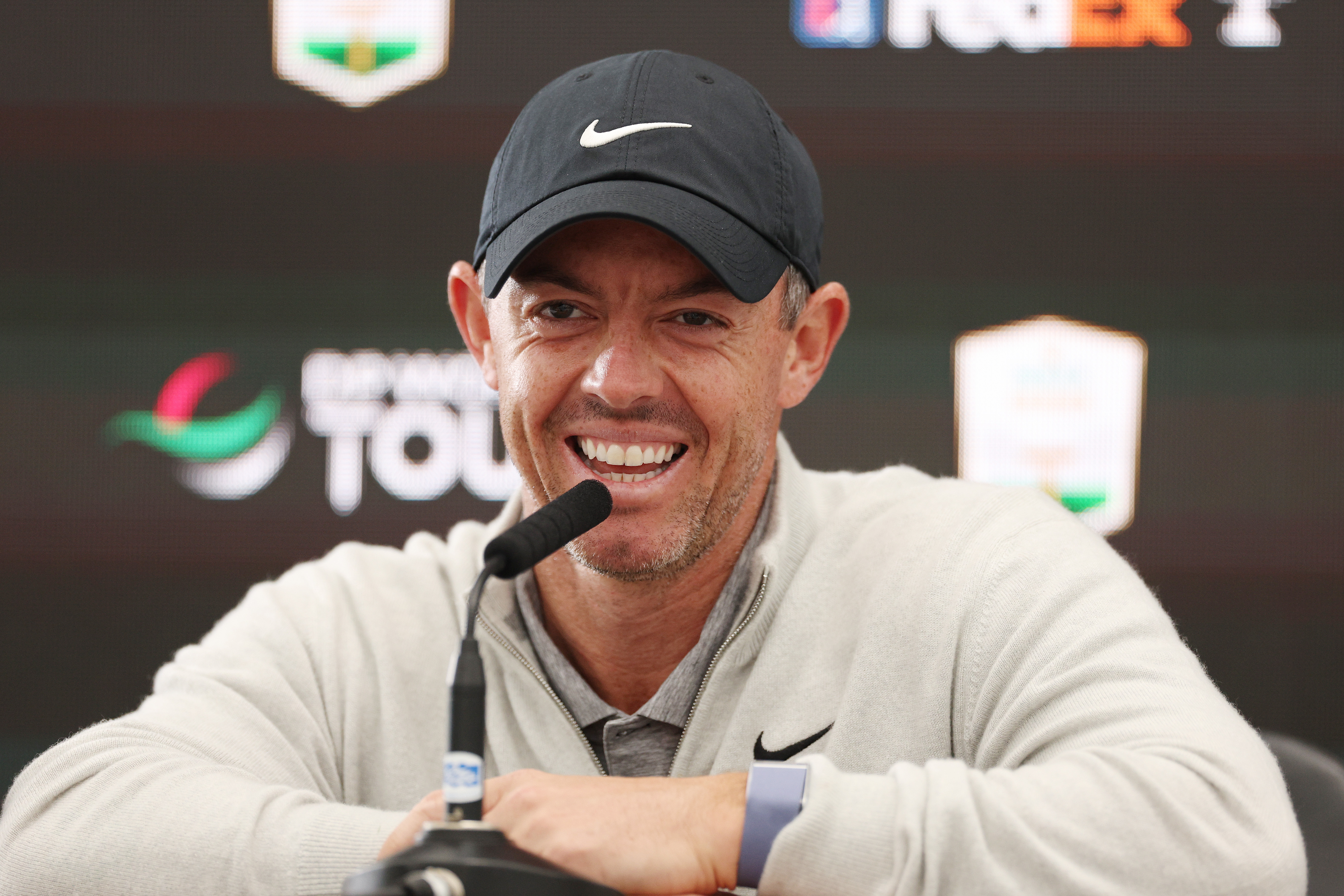 Rory McIlroy jokes with the media