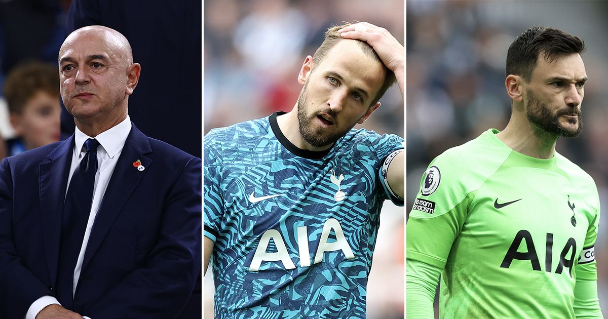 Tottenham Hotspur chairman Daniel Levy (L), all-time record scorer Harry Kane (C) and captain Hugo Lloris (R)