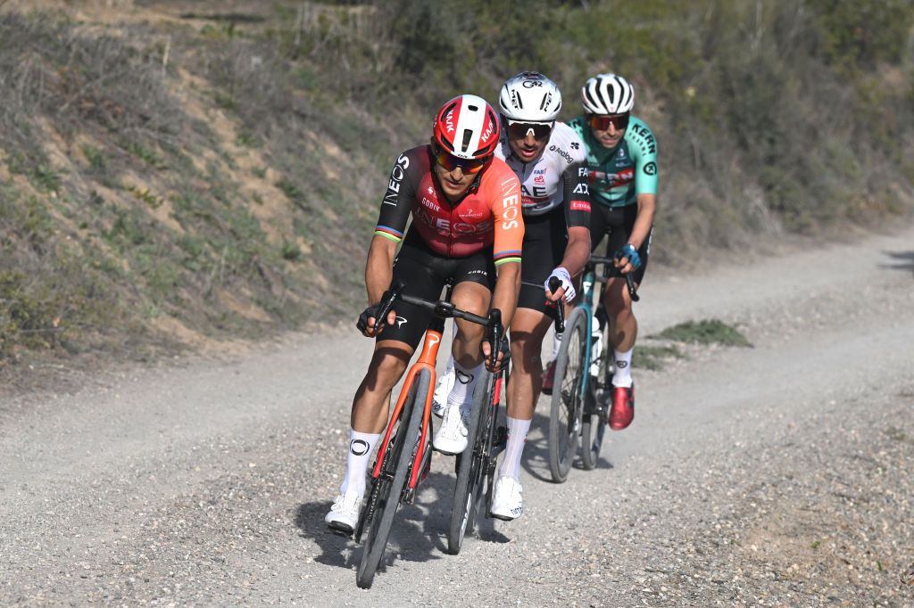 UBEDA SPAIN FEBRUARY 17 Michal Kwiatkowski of Poland and Team INEOS Grenadiers leads the breakaway passing through a gravel strokes sector during the 4th Clasica Jaen Paraiso Interior 2025 a 1692km one day race from Ubeda to Ubeda on February 17 2025 in Ubeda Spain Photo by Tim de WaeleGetty Images