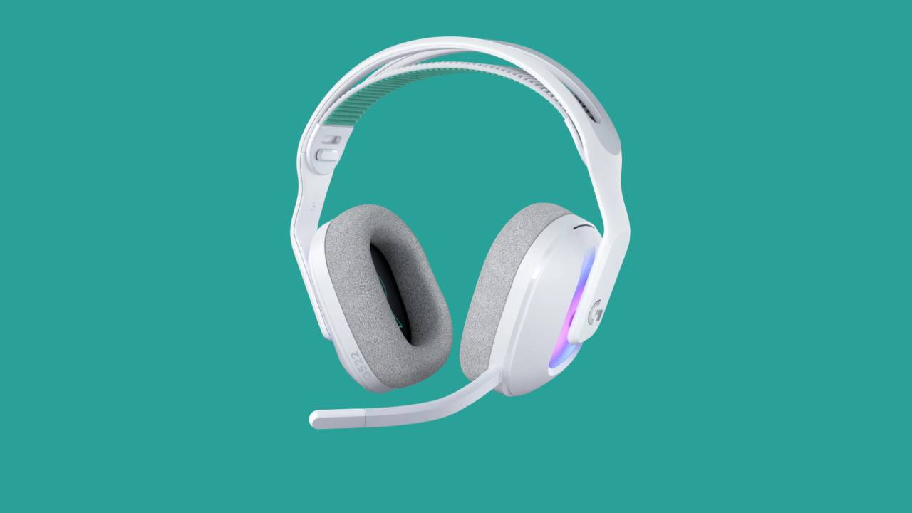 A Logitech gaming headset on a green background.