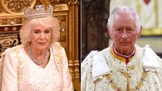 Composite of Queen Camilla attending the State Opening of Parliament in 2023 and King Charles attends his coronation at Westminster Abbey