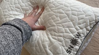 testing the plumpness of the remfit snow pillow