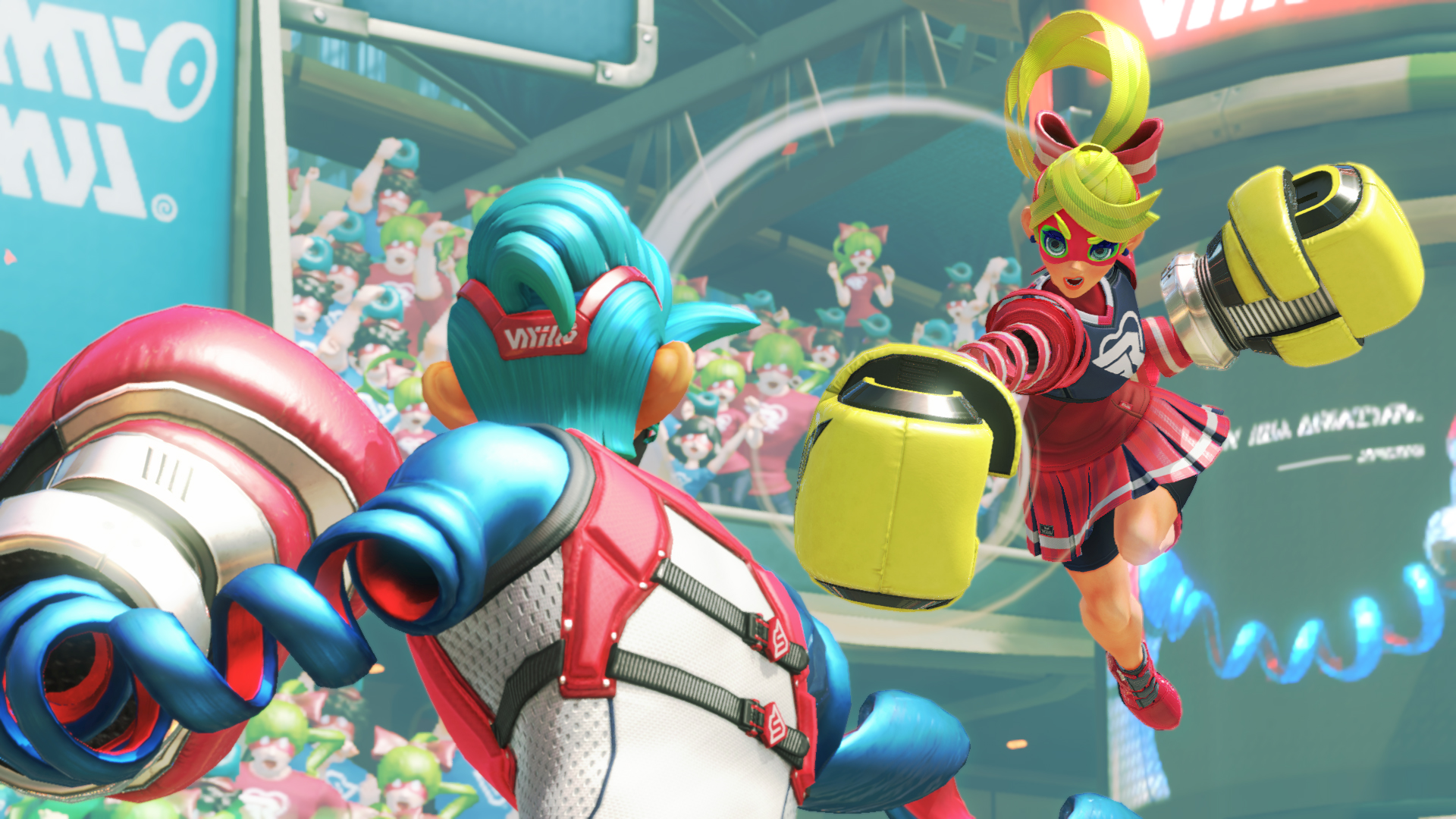 ARMs screenshot taken on Nintendo Switch – shows female contestant battling male rival with blue hair