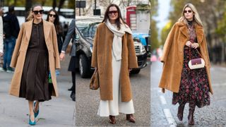 street style influencers wearing camel coat outfits with dresses
