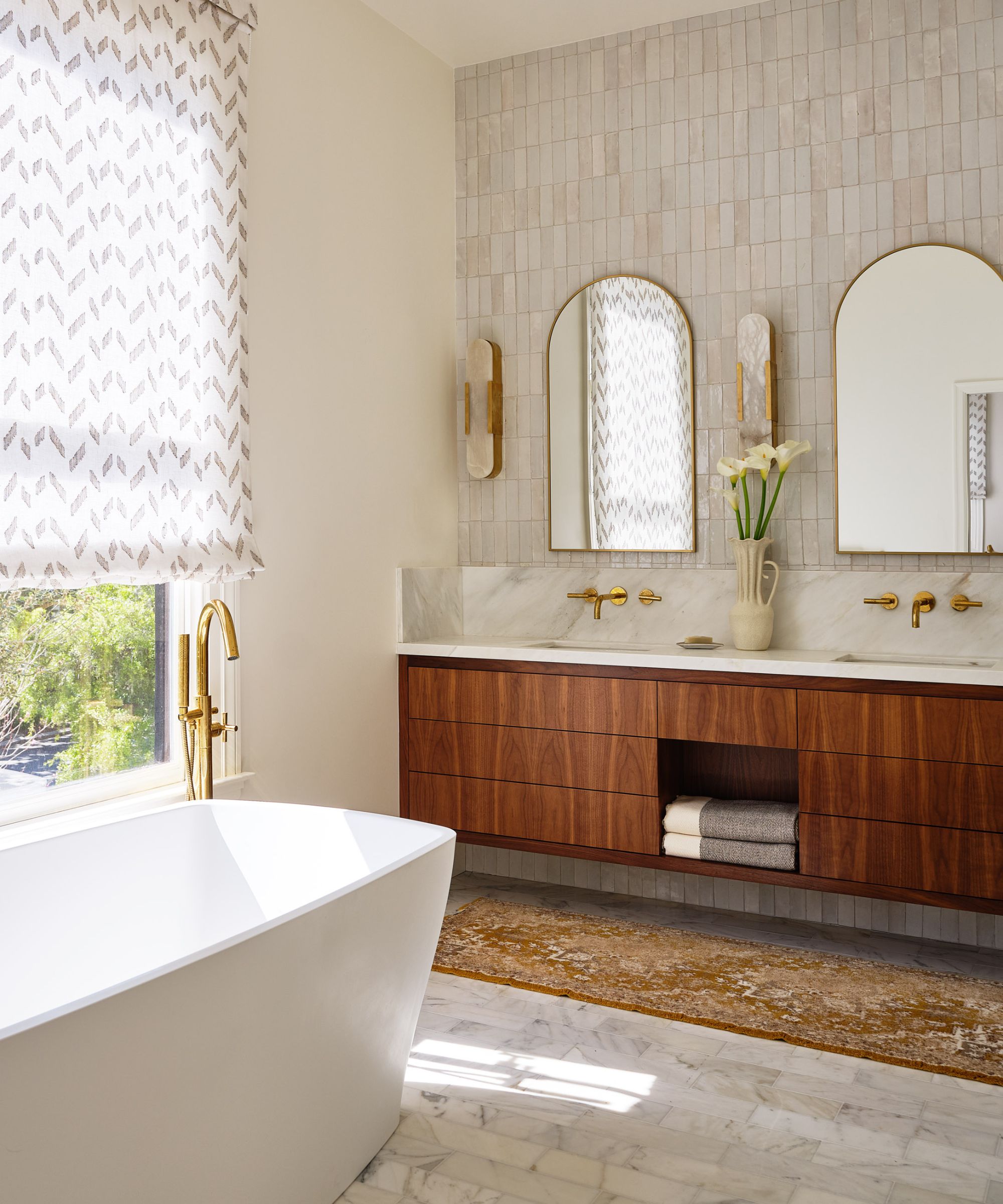 bathroom freestanding tub double wooden vanity