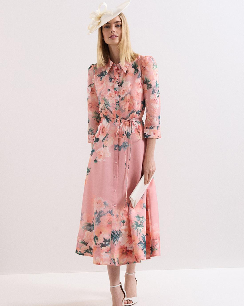 model wearing a floral print tea dress, Phase Eight