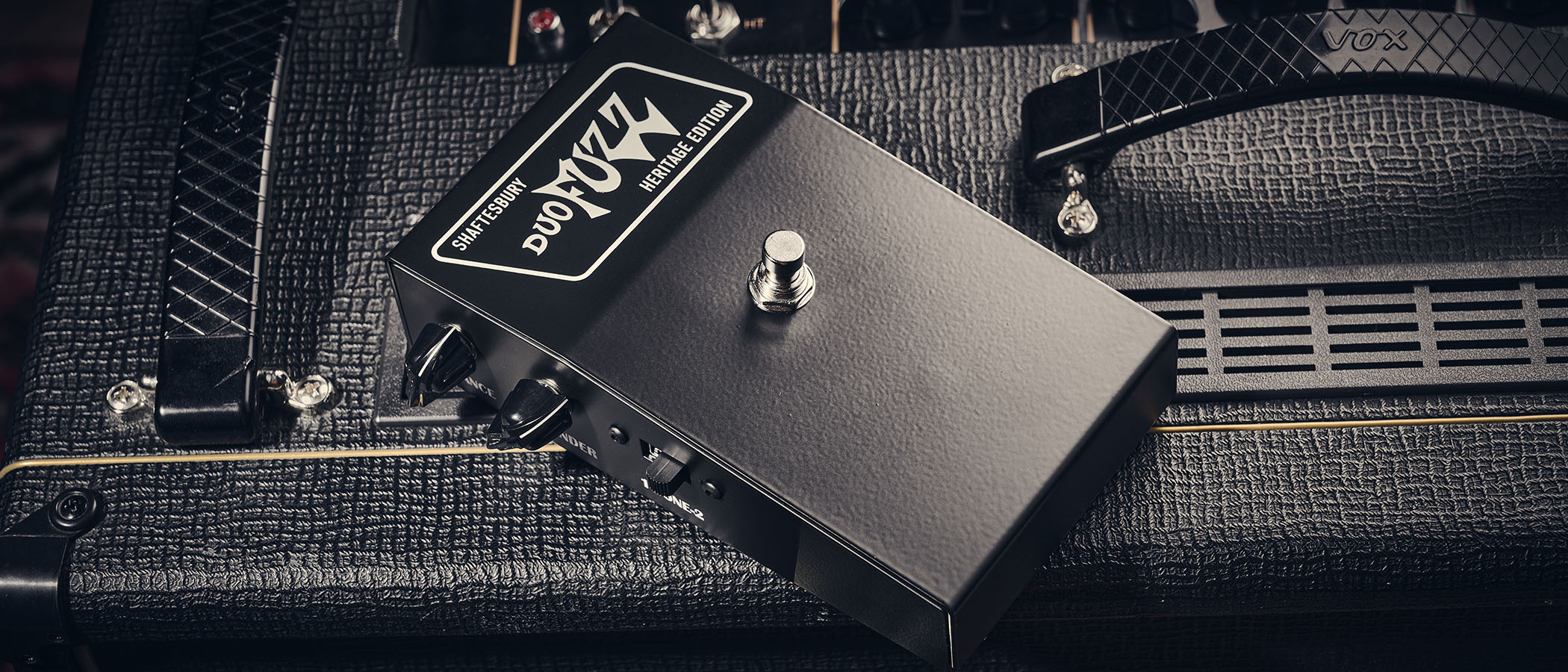 Shaftesbury Duo Fuzz Heritage Edition; the vintage reissue of a classic fuzz presents two circuits in the old-school wedge-shaped black enclosure with chickenhead knobs.