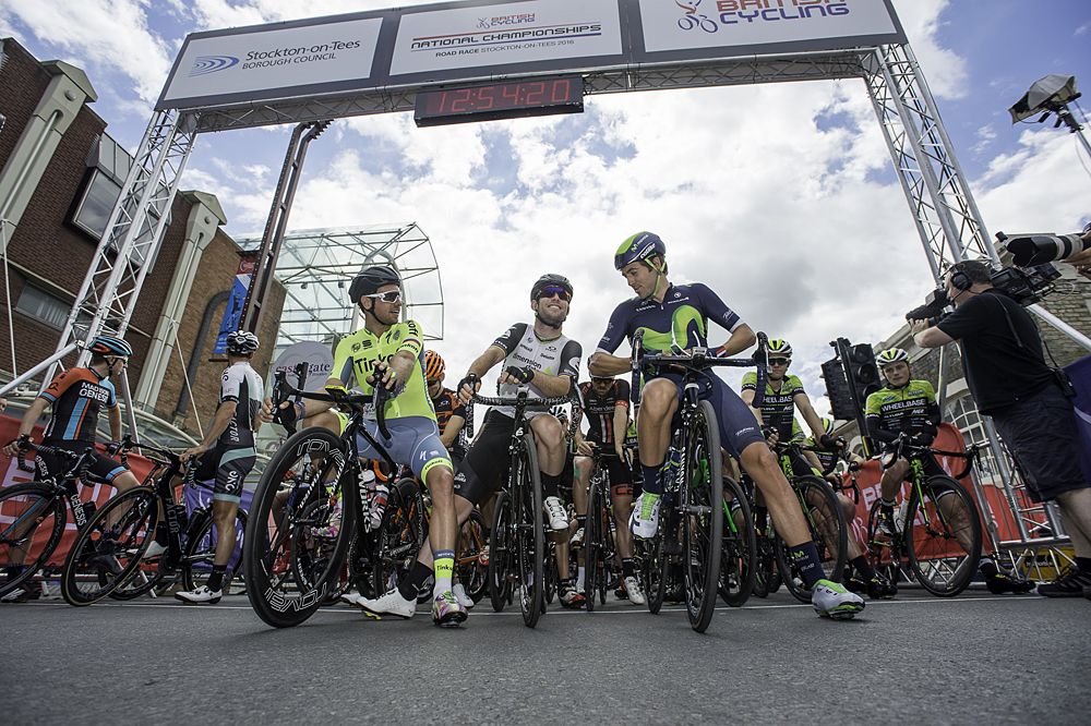 Tinkoff's Adam Blythe, Dimension Data's Mark Cavendish &amp; Movistar's Alex Dowsett prepare to start