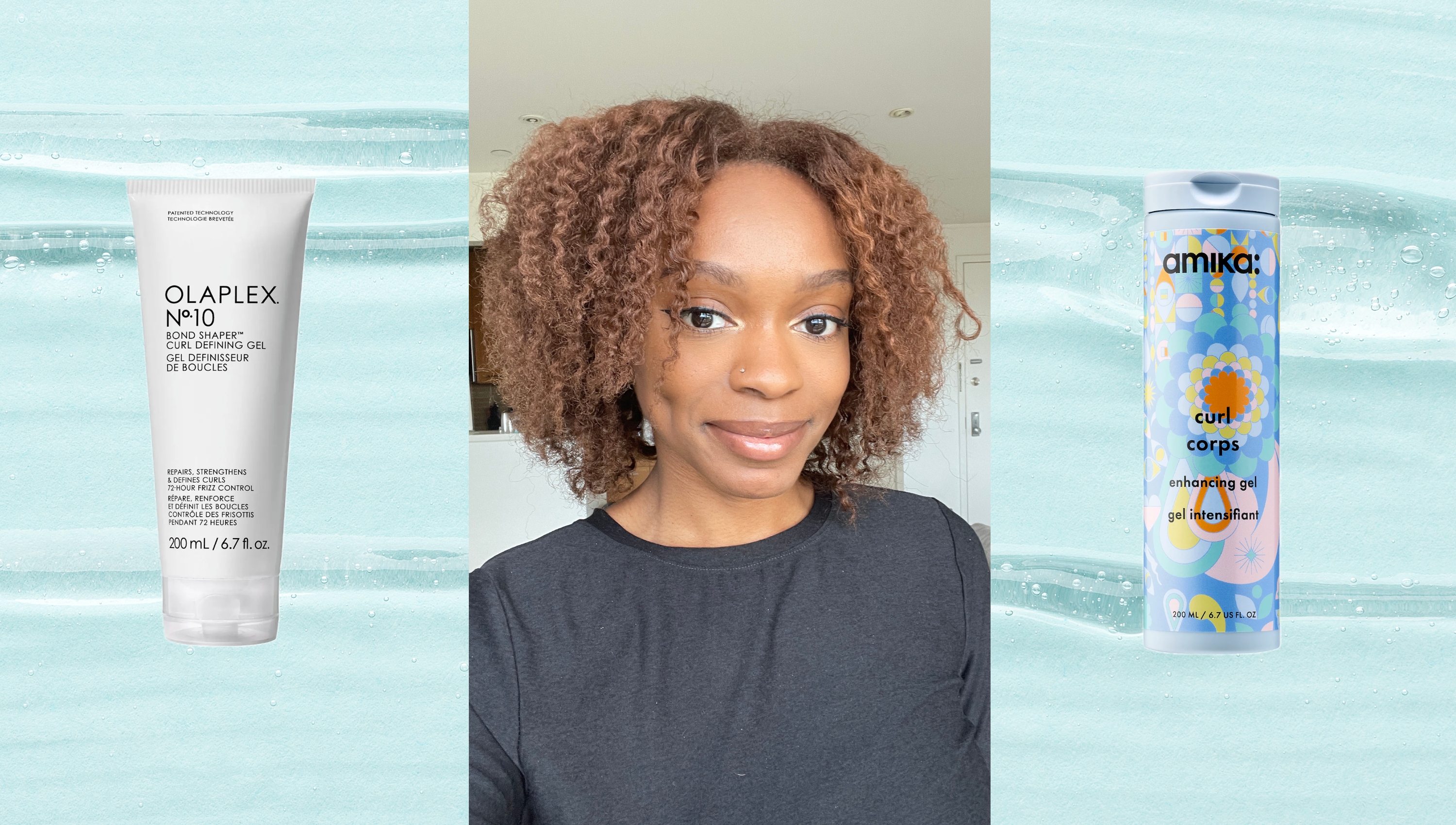 curl gels on a blue background next to a woman with curly hair in a black t-shirt