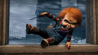 Chucky jumping over a window ledge