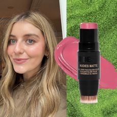 samantha holender on a green background with saie foundation and a nudestix blush