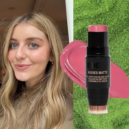 samantha holender on a green background with saie foundation and a nudestix blush