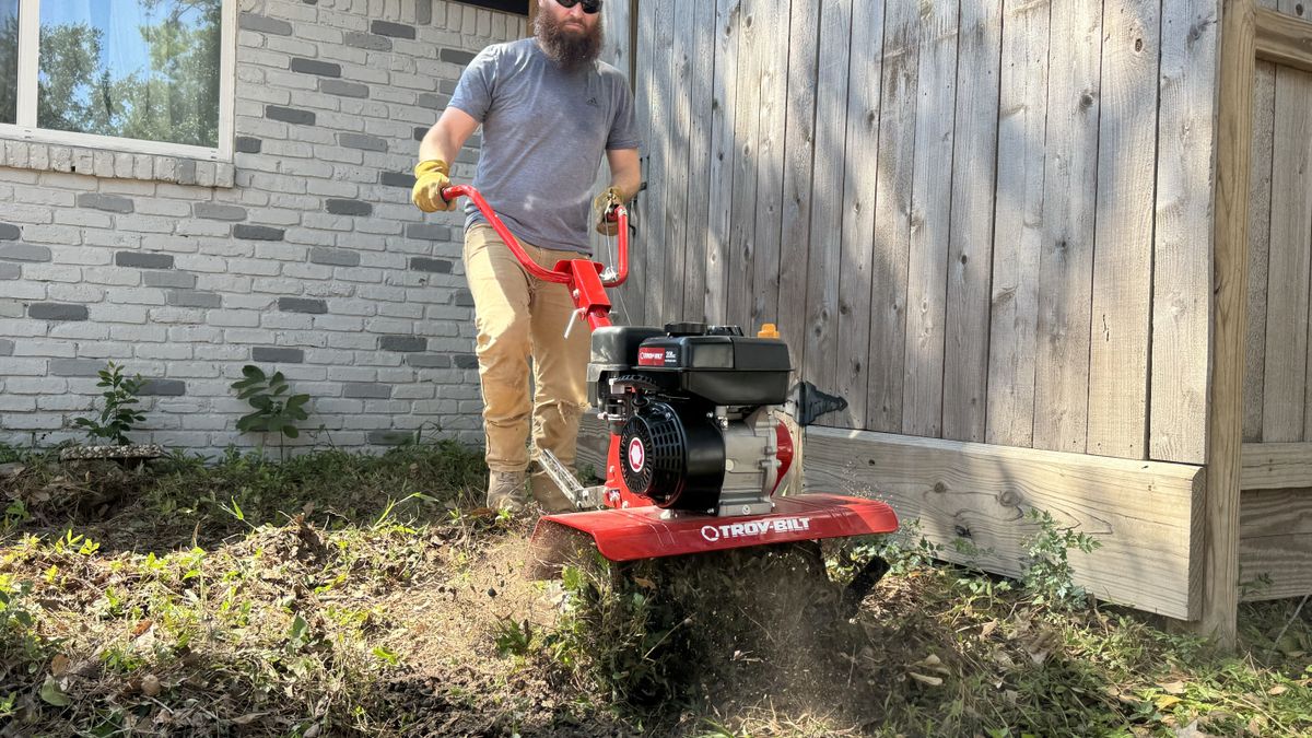 The Troy-Bilt Colt tiller is powerful and easy to use.