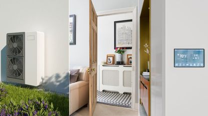 A white heat pump on a white wall above a patch of lavender / Living room, a cream sofa and carpet, and an open door to the hallway with a covered radiator, encaustic black and white tiled floor and framed artworks on the wall. / An electric thermostat on a white wall