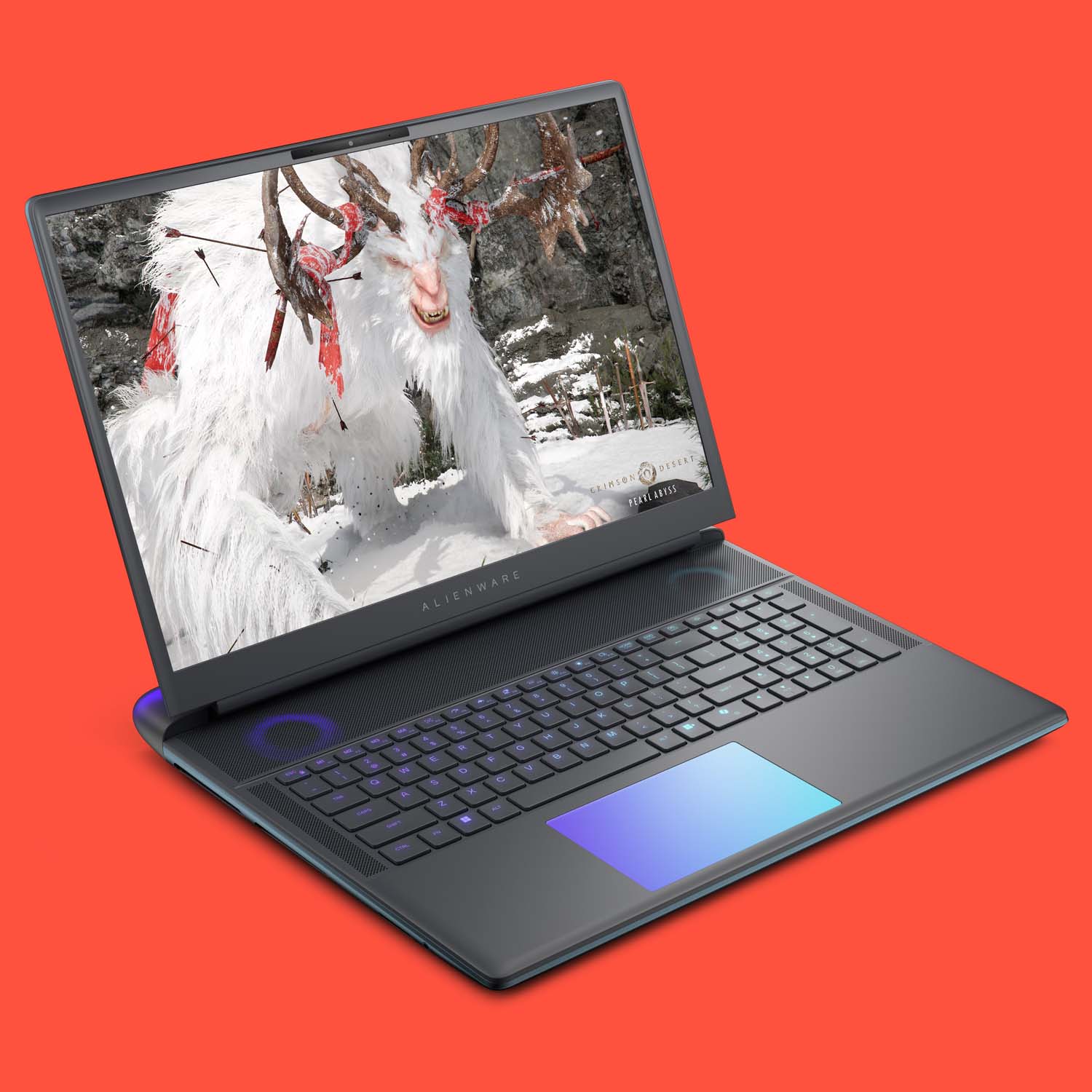 Alienware 18 Area-51 gaming laptop on a red background