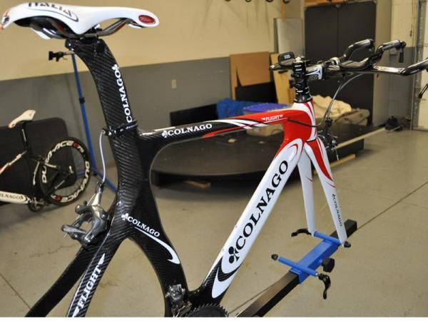 One of Team Type 1's Colnago Flight time trial bikes gets prepped for the wind tunnel.
