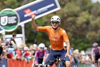 Blake Agnoletto (Team Brennan p/b TP32) celebrates his win during the Powercor Melbourne to Warrnambool Cycling Classicon February 8, 2025 (Pic by Con Chronis/PSL)