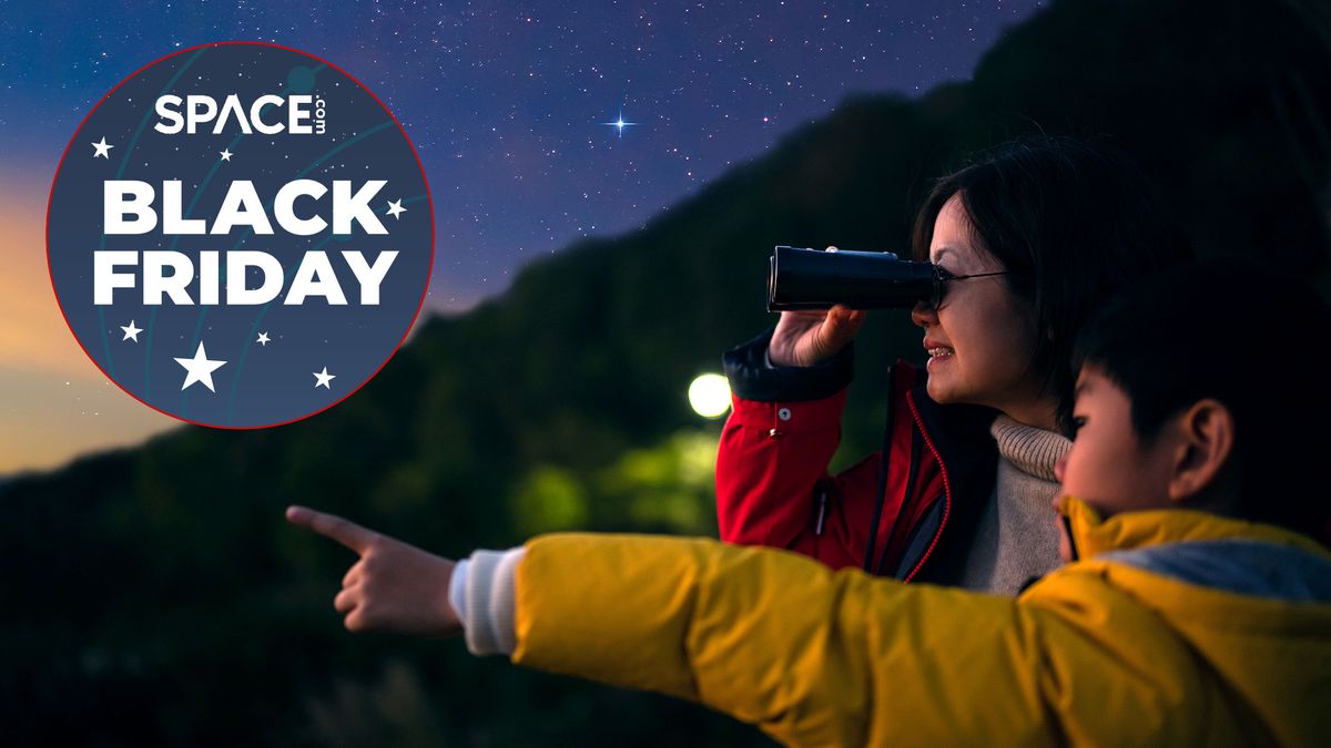 Mother and son using binoculars with black friday badge in corner