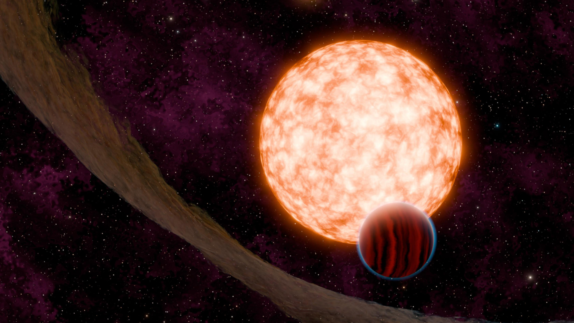 An illustration of a red and black striped exoplanet in front of a glowing ball of gas. 
